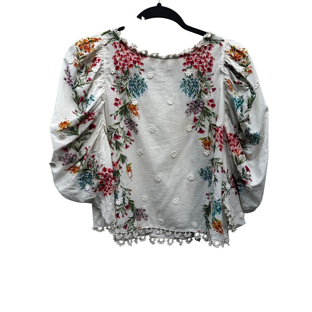 Farm Rio Louise Floral Embroidered Puff Sleeve Pom Pom Trim Blouse XS